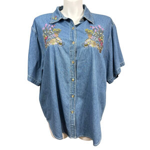 Vintage 90s CST Blues Women’s Denim Button Front Shirt Size 26 Cat Embroidery